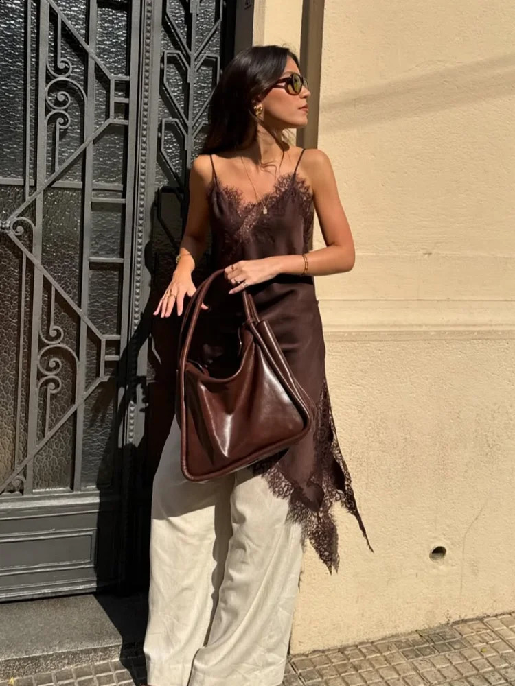 Brown Satin Lace Splicing Sling Dress Women Elegant Irregular Hem V Neck Backless Sleeveless Gown Chic Women Party Club Vestidos 251027