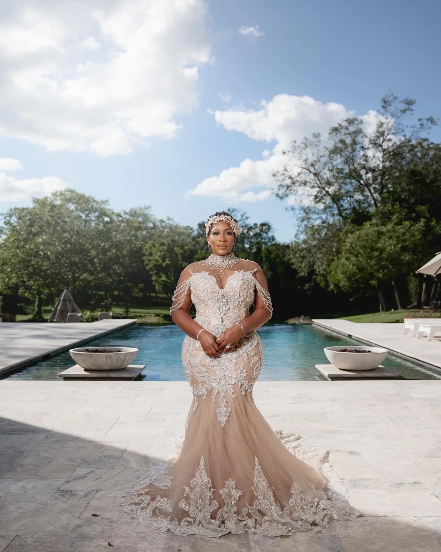 Aso Ebi Arabic Plus Size Mermaid Bridal Gown in Champagne with Full Lace Crystals Detachable Train and Illusion Design