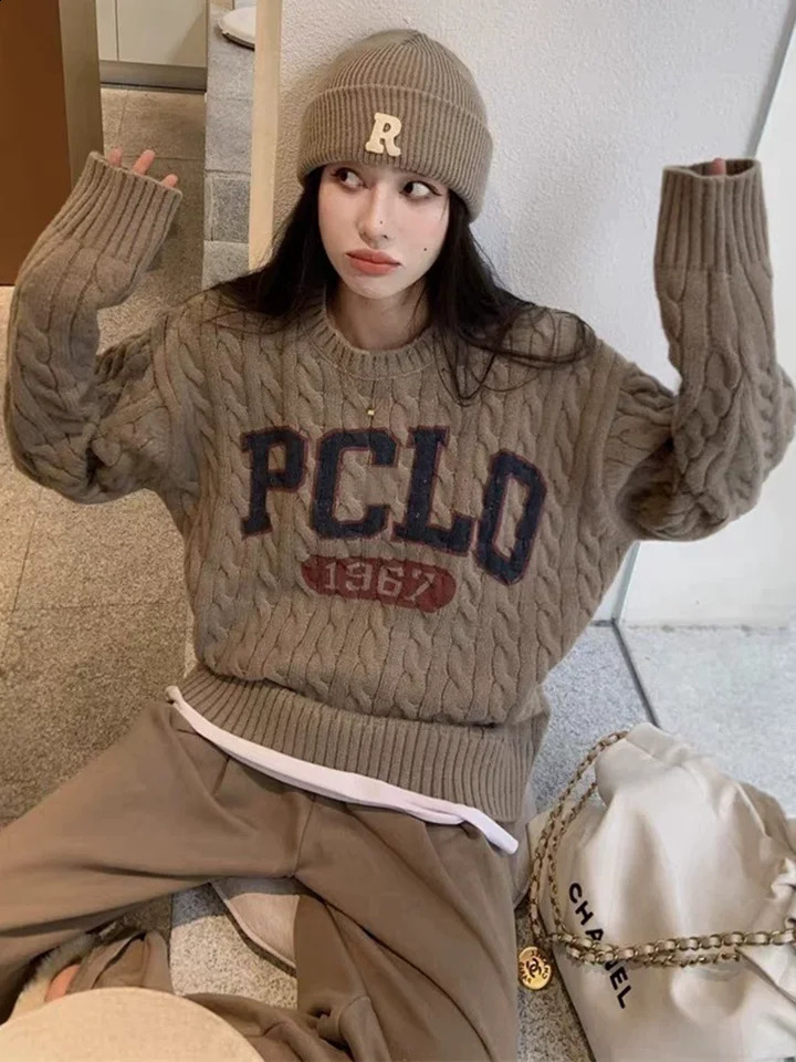 Vintage Fashion Pullover Sweater Long Sleeved Letter Patchwork Baggy Knitted Top Womens Casual ONeck Loose Soft Jumpers 251027