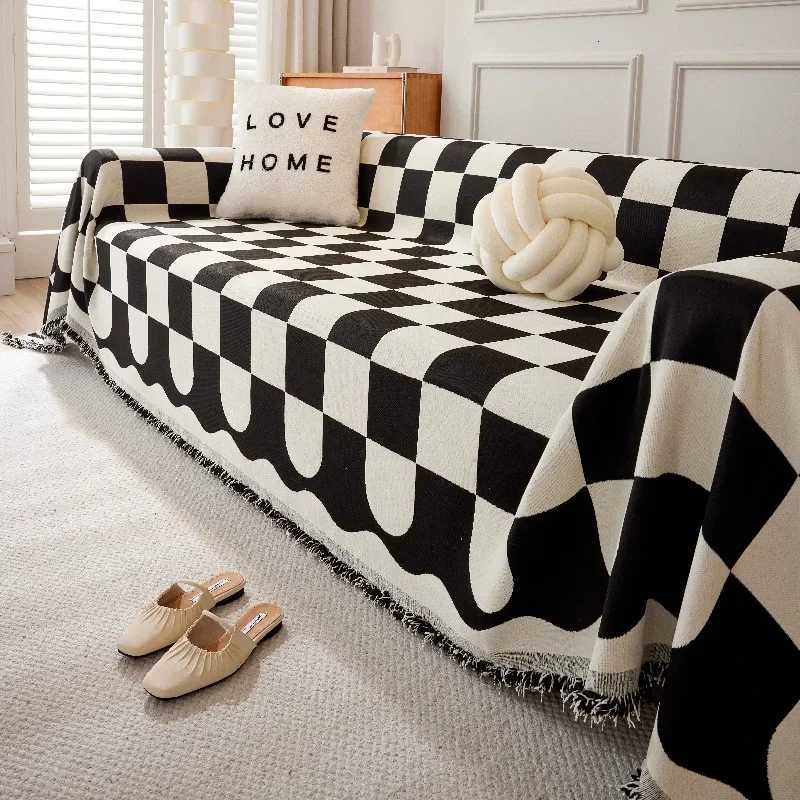 Black White Grid Sofa Cover Sofa Blanket Full Cover Universal Couch Towel With Tassels Home Decor Living Room Decor C251028