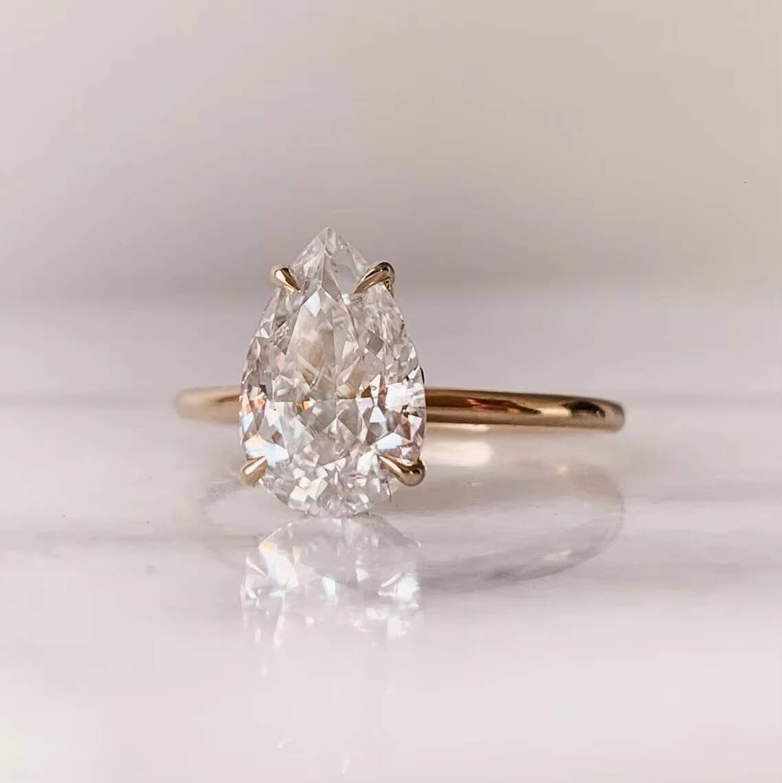 Minimalist Jewelry Hidden Halo 14k Gold Pear Cut Solitaire Moissanite Engagement Rings