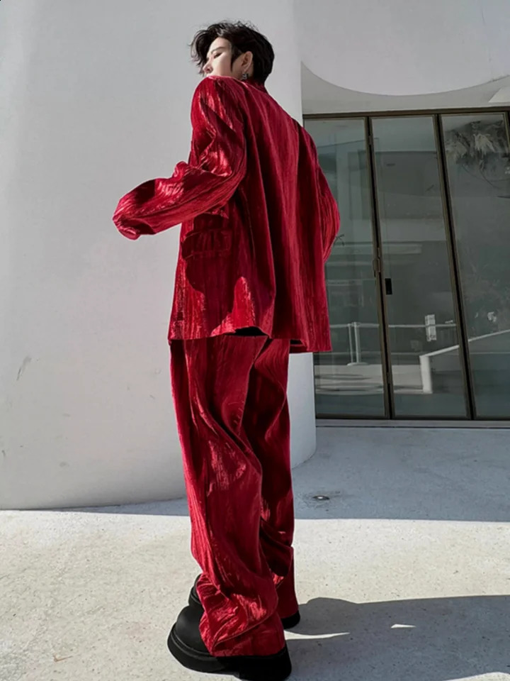 Mens Loose Fit Velvet Suit Set Red Double Breasted Blazer Jacket Pants Two Piece Spring Banquet Party Suits Matching 251027