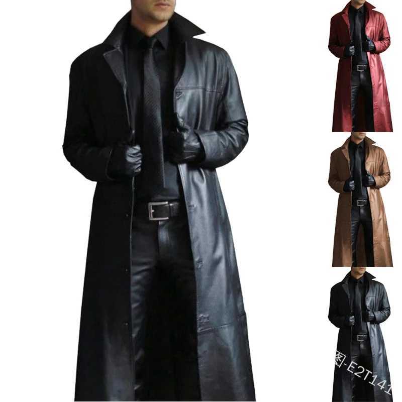 2022 Mens Long Gothic Moto Biker Windbreaker PU Leather Trench Coat Jacket Black Casual Punk Outwear Zipper Plain Dyed Canvas X2510281
