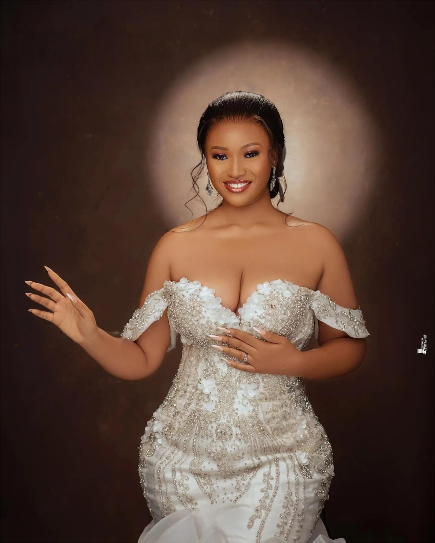 Aso Ebi Mermaid Wedding Dress in Ivory with Florals Beaded Crystals Tiers Satin and Stunning Design