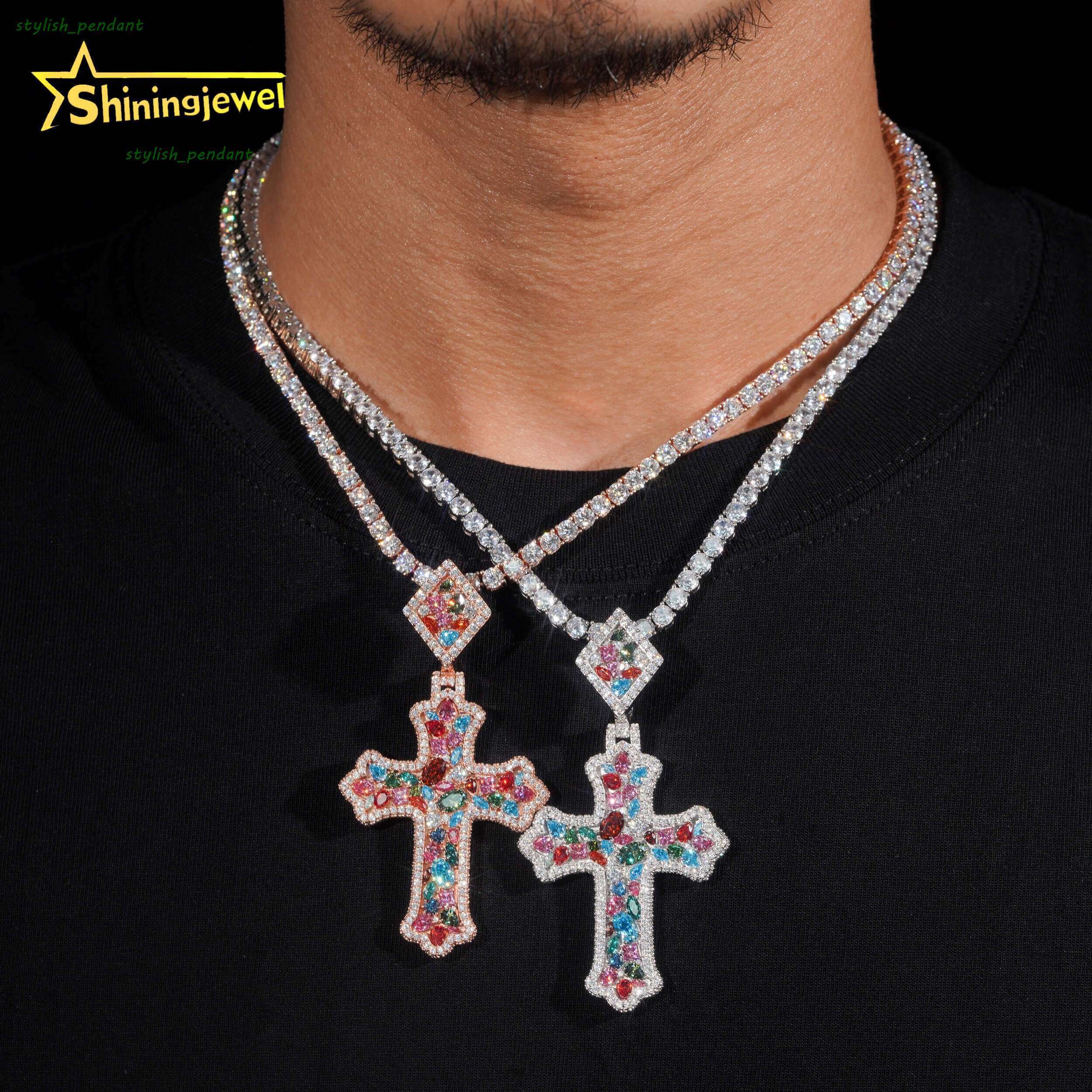 Luxury GRA Certificated Fancy Cut Colored Moissanite Cross Pendant 925 Silver Hip Hop Men Women Iced Out Mossanite Pendants