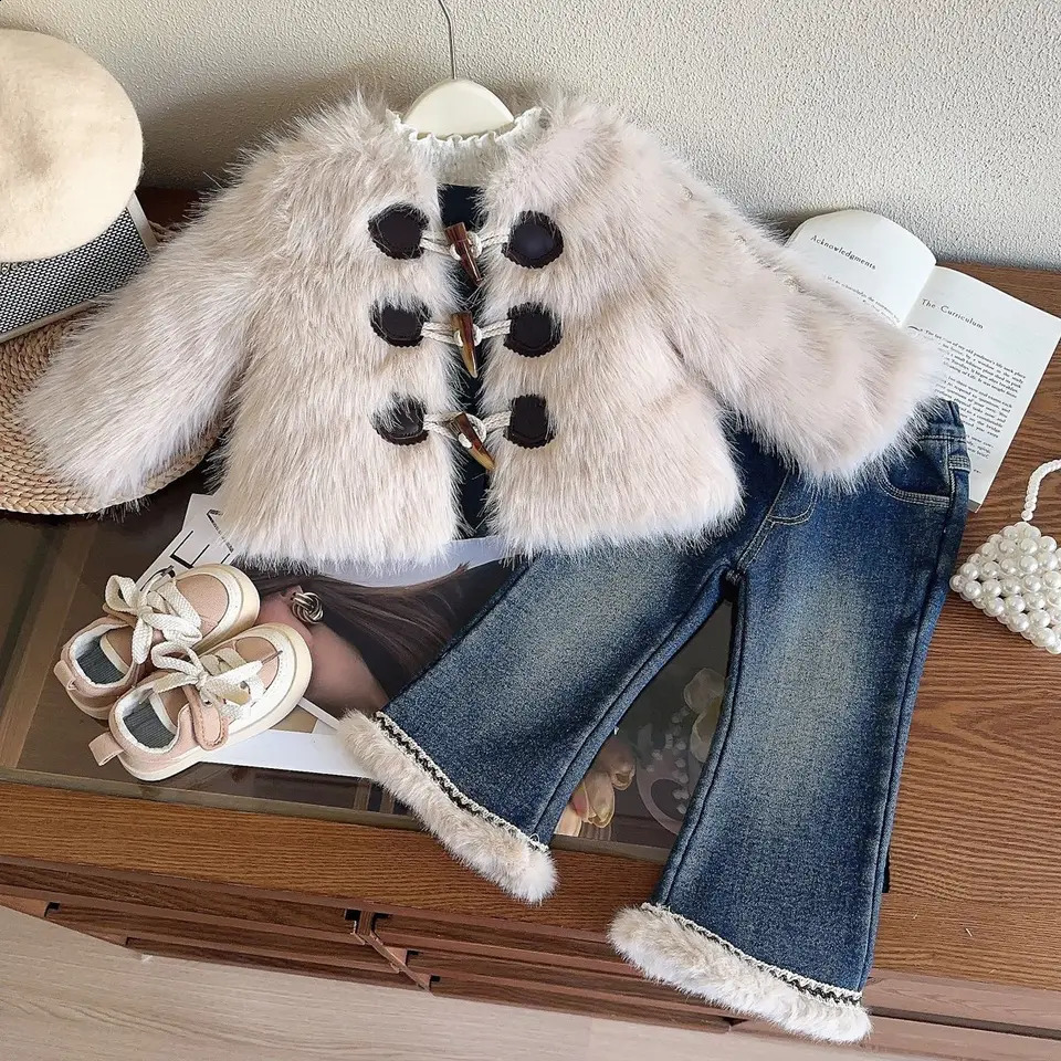 Winter Warm Girls Jeans Girls Fur Jackets Thick Princess Kids CoatsChildren Outerwear 4 5 6 7 8 10 12Yrs 251027
