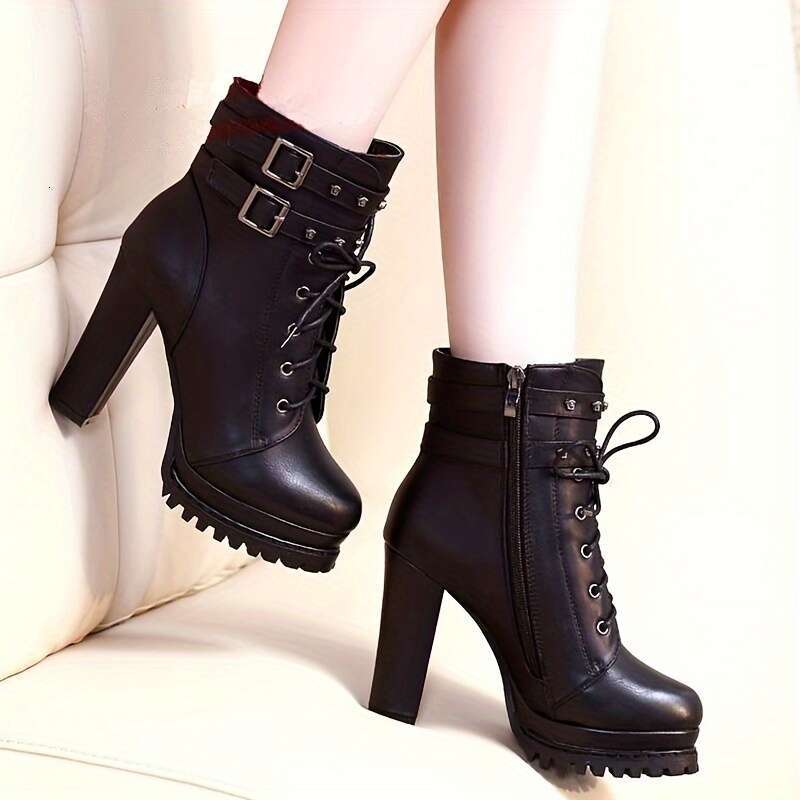 Women's Solid Color Stylish Side Zipper Platform Soft Sole Studded Buckle Boots, Lace Up Versatile Chunky Heel Boots