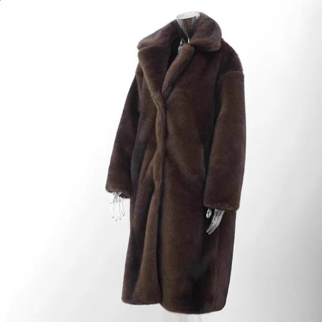 Fashion Brown Faux Fur Overcoat Women Lapel Long Sleeve Fluffy Coat 2025 Winter Female Thicken Warm High Street Outwear 250930