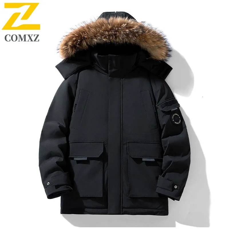 COMXZ Winter Down Jacket Men Women Highquality Camo Fluffy Fur Collar White Duck Down Parka Coat Casual Thermal Puffer Jacket 251023