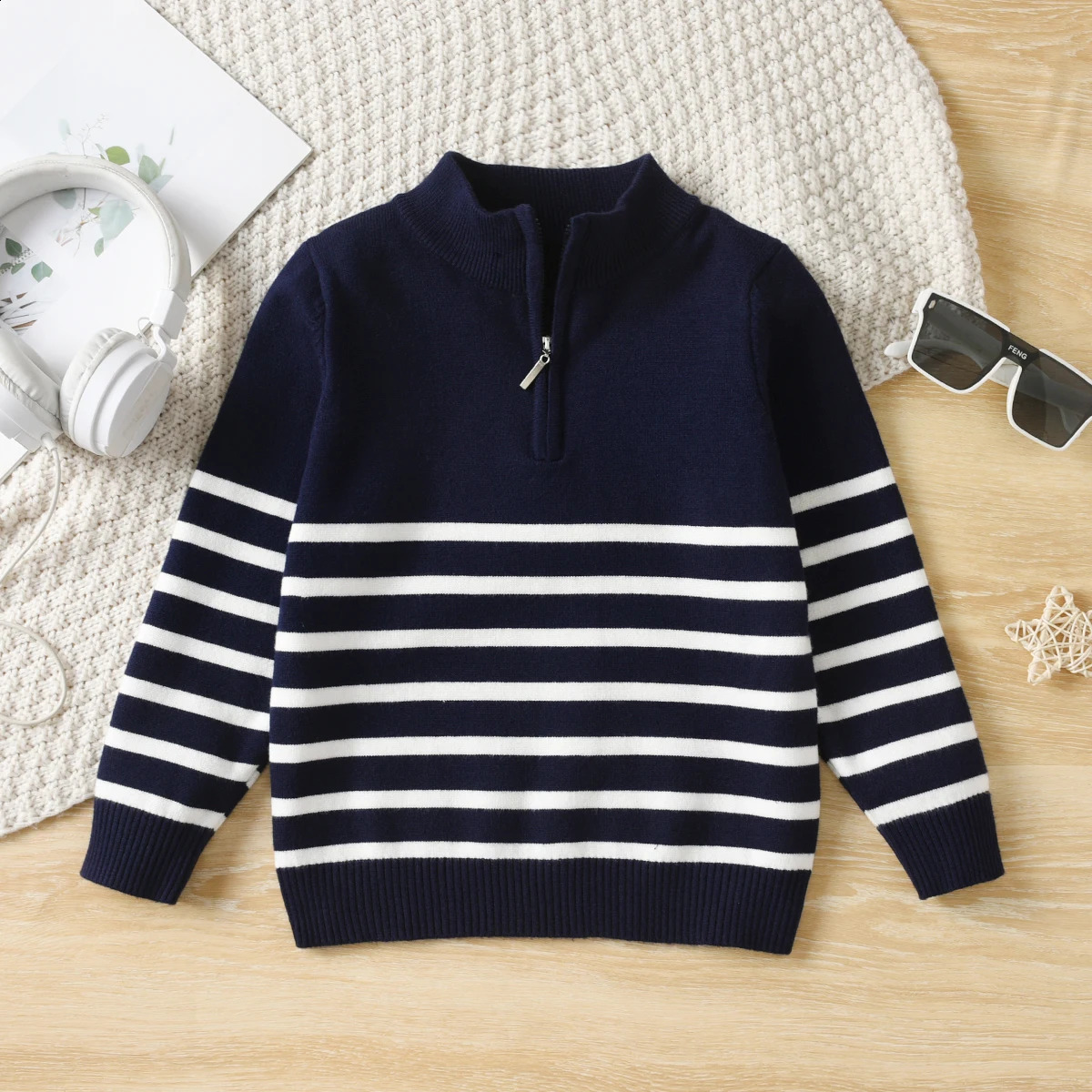 Boys college style striped half zipper stand up collar sweater pullover suitable for school in spring autumn and winter 251027