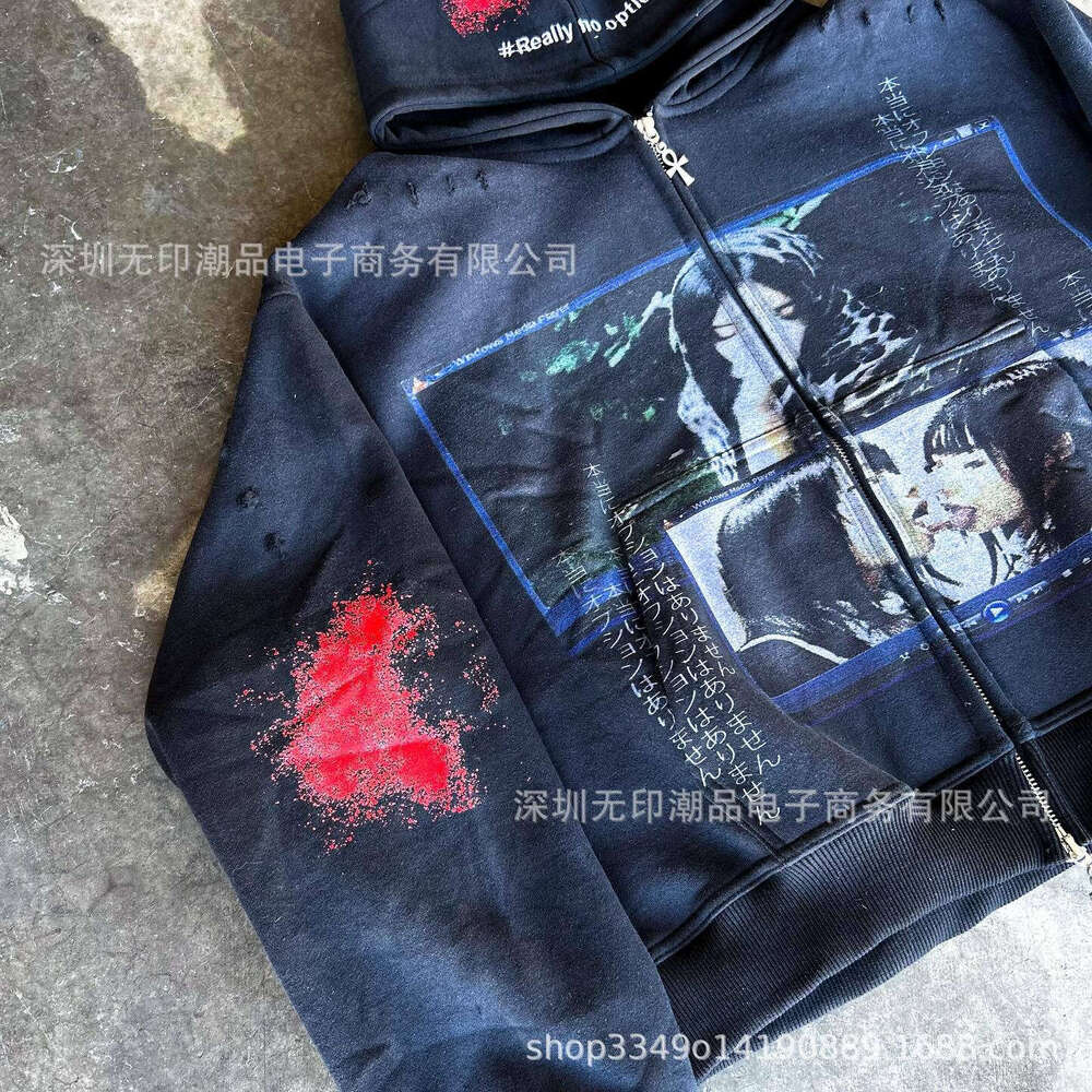 Street Trend Dark Style Vintage Print Pattern Winter Loose Hoodie