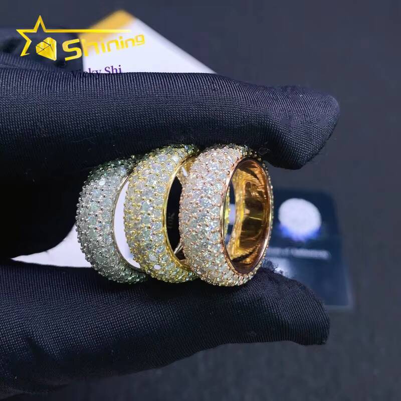 Shining Full of Diamond 5 Rows Moissanite Diamond Ring Men 925 Sterling Silver Gold Plated Hip Hop Ring Finger Rings