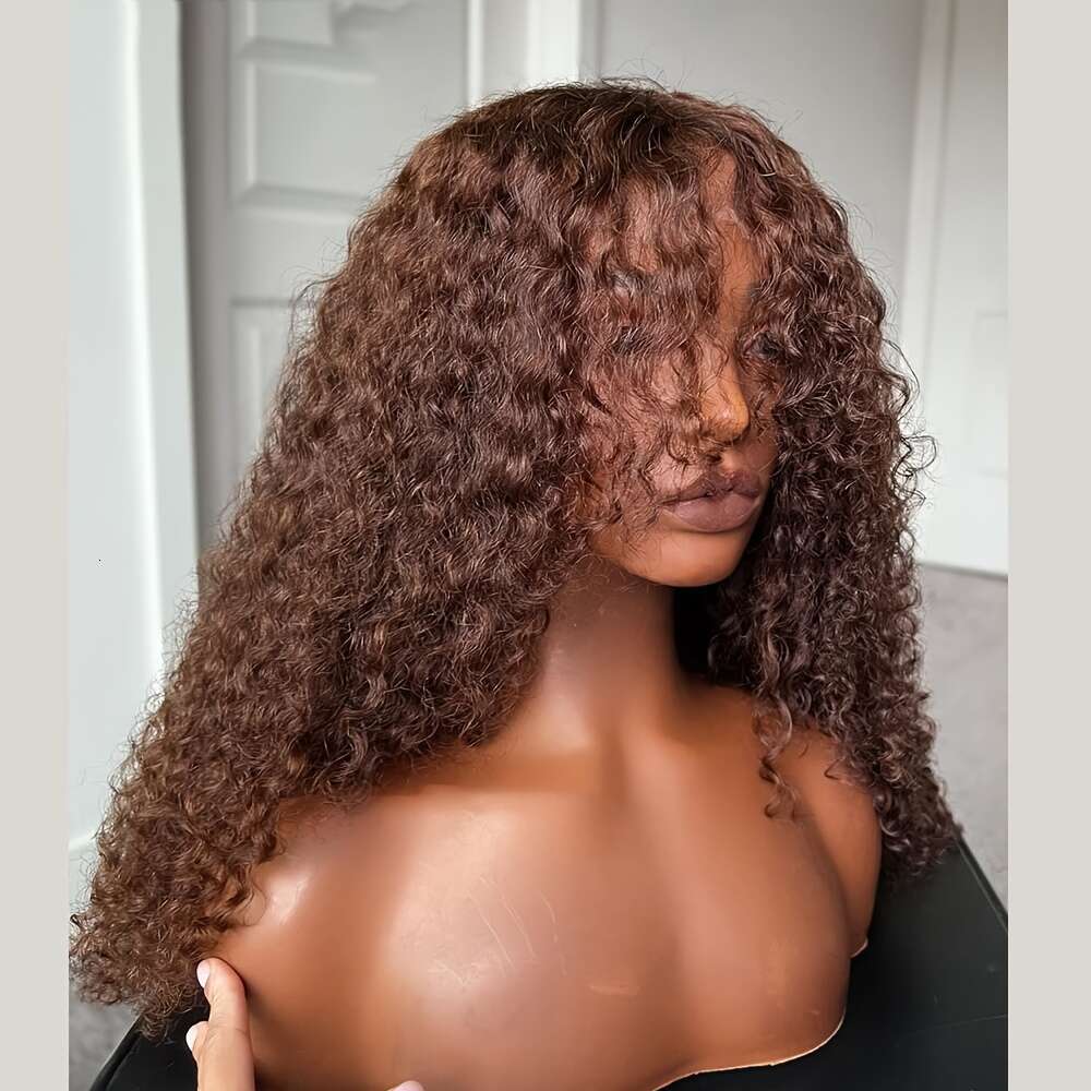 26-Inch Dark Front Wig With Bangs Soft Preplucked Synthetic Fiber Glueless Daily Wear Full Head Wig, 180 Density Heat-Resistant Natural Brown Base, Co