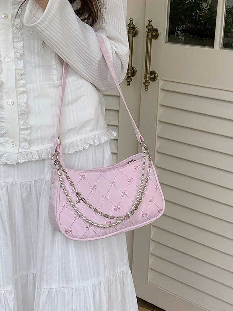2025 new pink sweet and cute artificial pearl chain crossbody bag shoulder bag womens bag daily commuting bag small square bagT251028