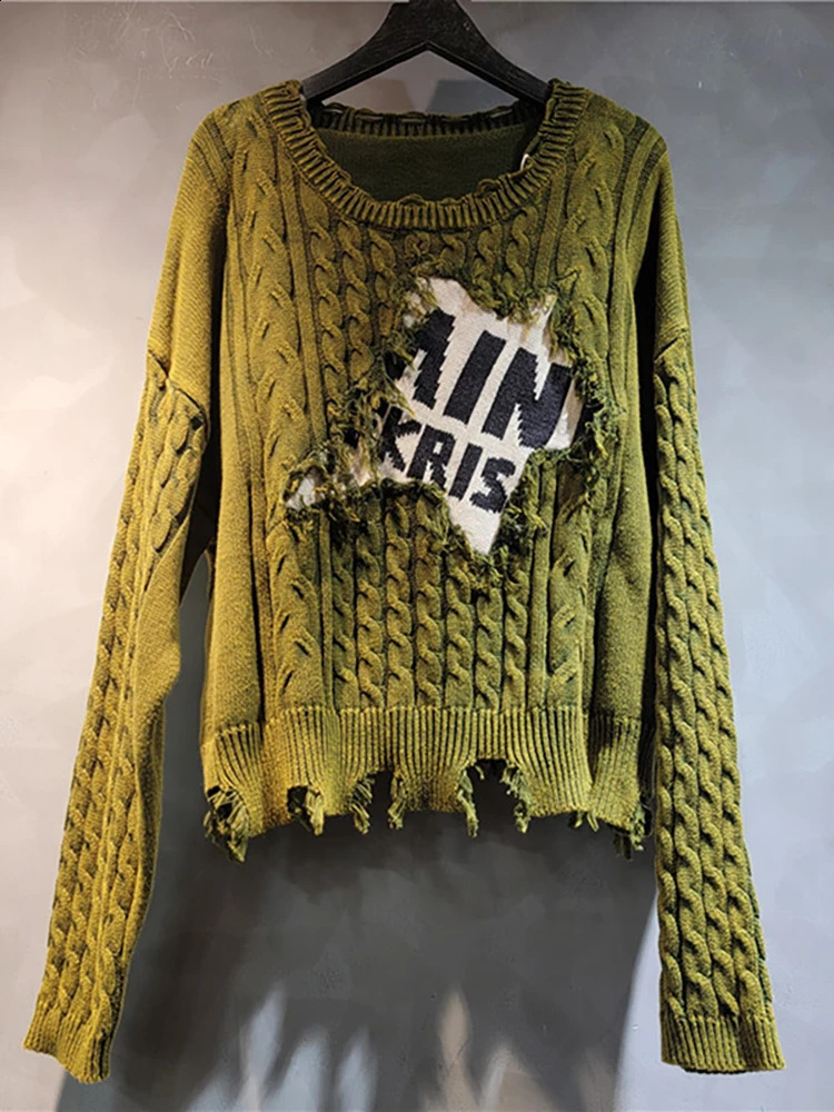 DEAT Womens Sweater Loose Patchwork Letters Distressed Long Sleeve Knitted Tassel Pullover Summer 2025 Fashion 29L8324 251027