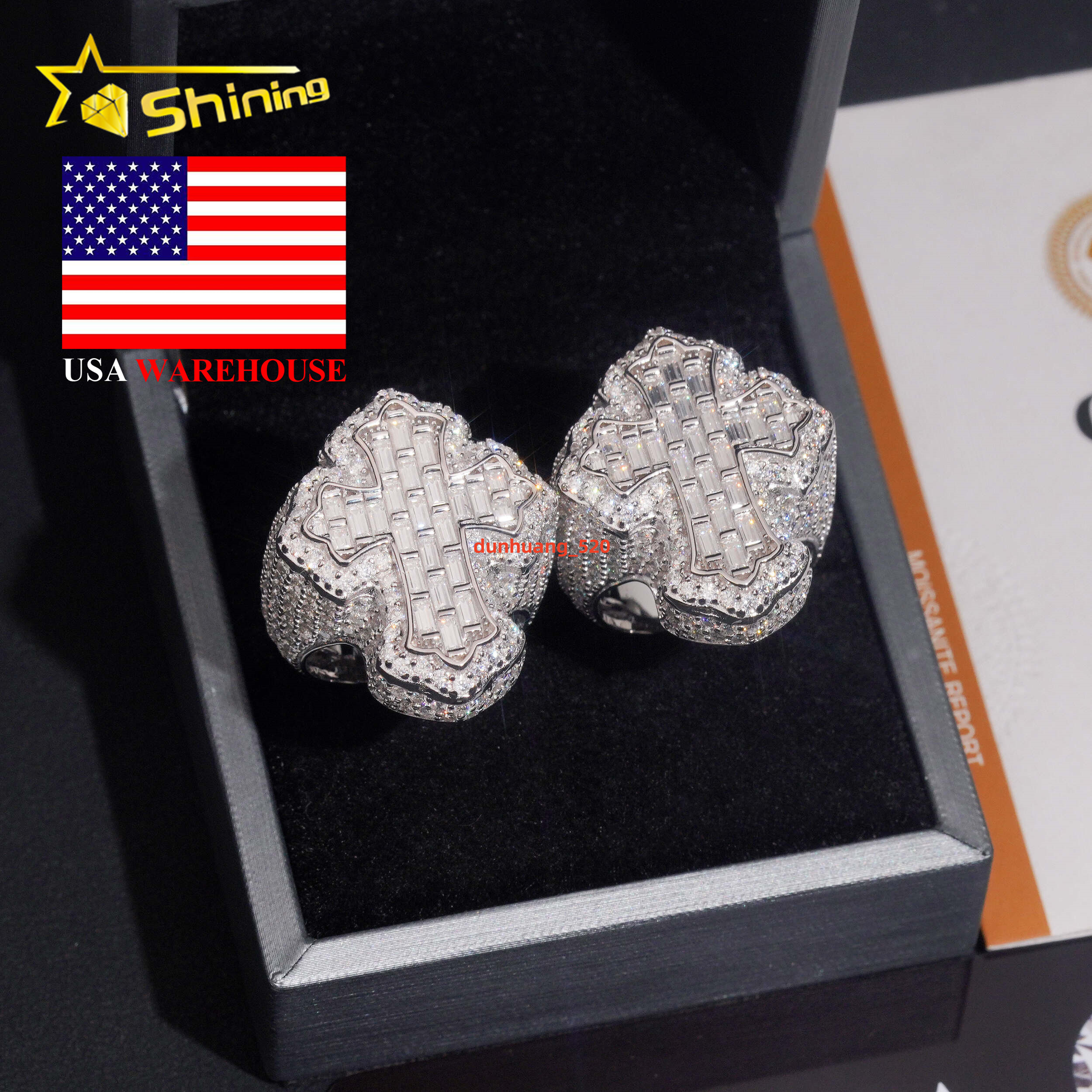 Hot Selling Moissanite Mens Ring USA Local Stock Shipping 925 Silver Baguette Moissanite Cross Ring GRA Certificated