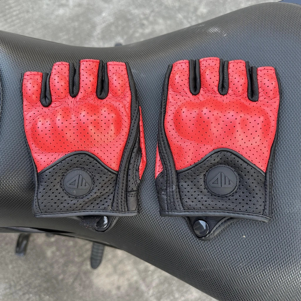Leather Motorcycle Gloves Breathable Motocross Riding Gloves Moto Summer Racing All Season Guantes Red Half Finger Luva Motor 251027