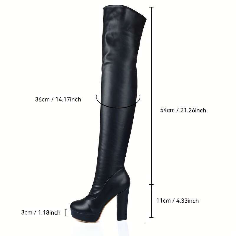 2025 Model Women's Black Synthetic Cover Over-The-Knee Boots With Block Heels Platform, Stylish And Versatile, Featuring A Classic Design That El