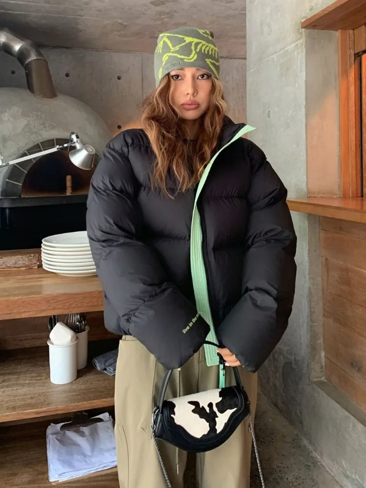 Winter Green Short Bread Parkas American Stand Collar Sports Casual Cotton Padded Coats Soft Warm Trendy Streetwear 251015