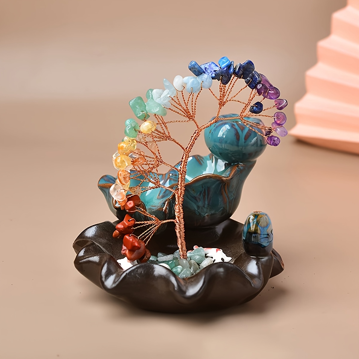 Designer Handmade Wealth Tree with Colorful Crystal Stone Woven Ornament, Colorful Bohemian Style Home Decor, Holiday Gift