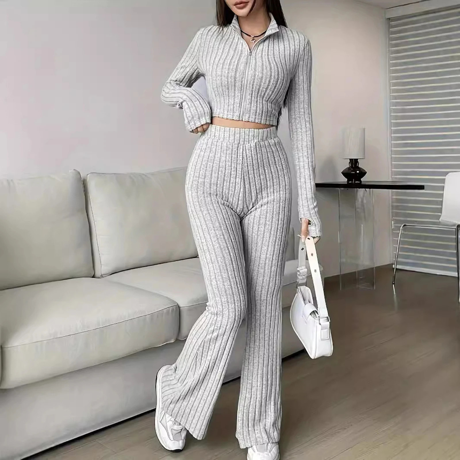 Fashion Solid Color Ribbed Twopiece Zipper Long Sleeved Short Top and High Waisted Flared Pants Set for Womens Casual Wear 251027