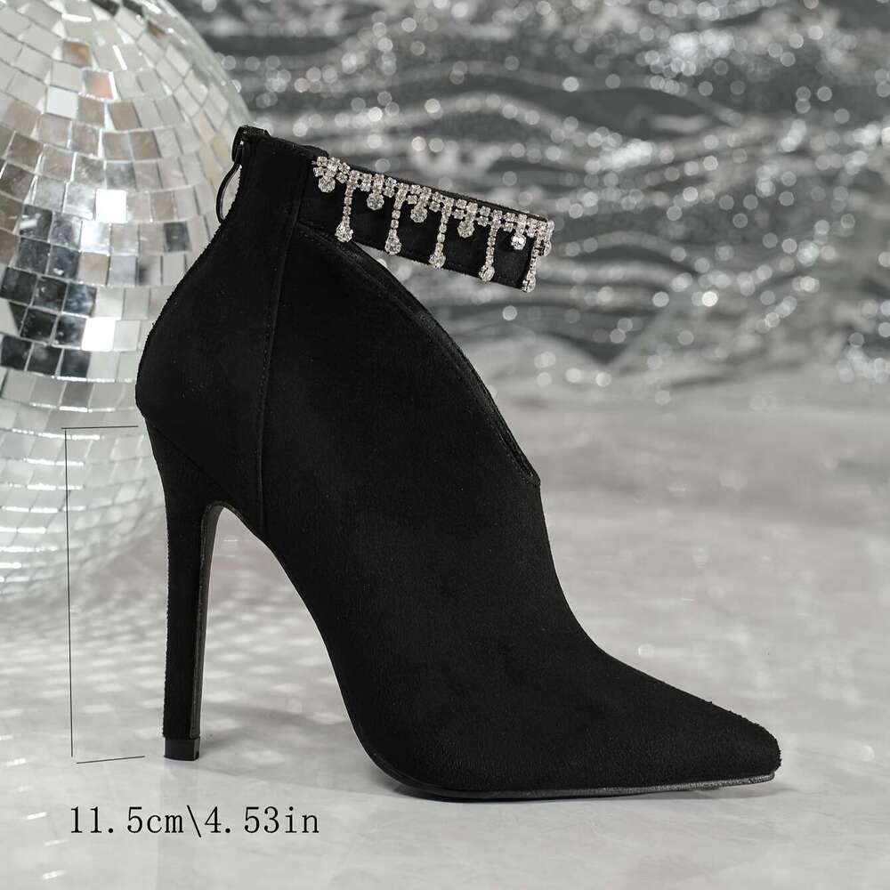 923-89 Zipper Chain Decorative Pointed Toe 4.33Inch Sexy Slim Ultra-High Heel Fashion Ankle Boots Nude 35-42