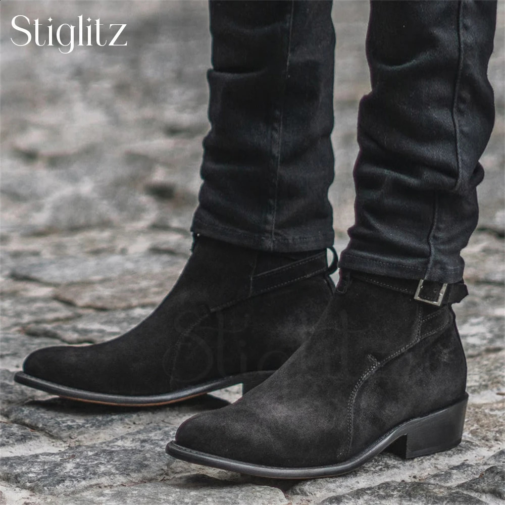 Functional Square Buckle Booties for Men Black Suede Genuine Calf Leather Ankle Boots HandSewn Timeless Style Mens Ankle Boots 251023