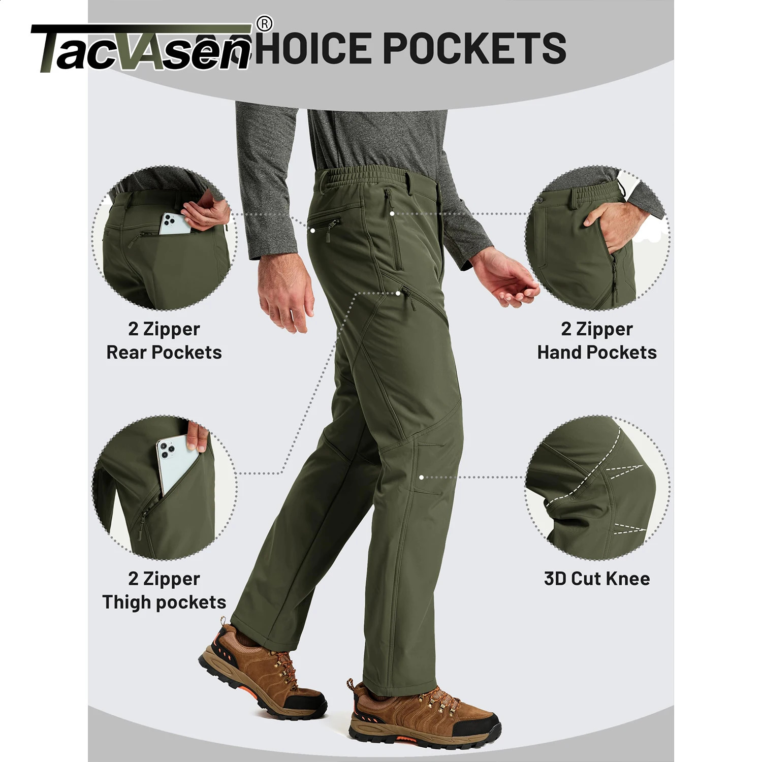TACVASEN Mens Winter Hiking Pants Fleece Lined Waterproof Softshell Snow Ski Insulated Work Cargo with 6 Zip Pockets 251027