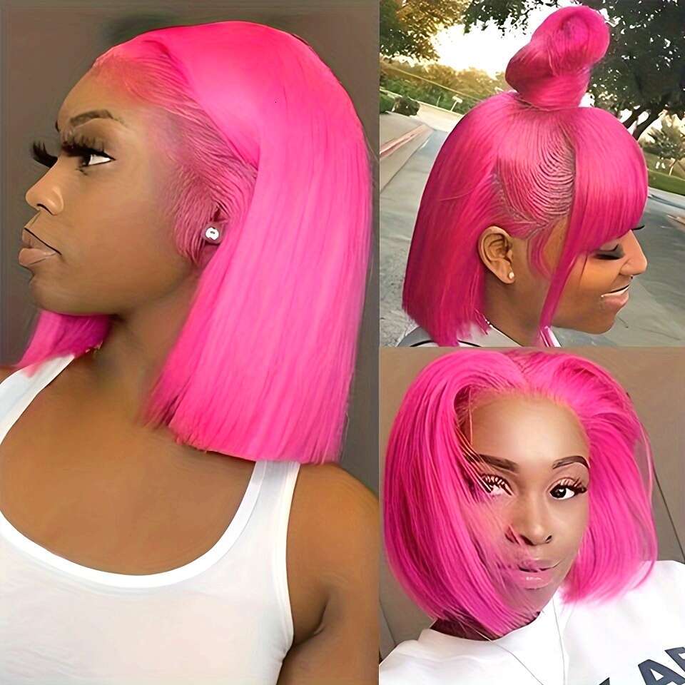180% Density Pink Straight Bob Lace Front Wig Women - 13X4 Transparent Human Hair Wig, Elegant Shoulder-Length Style, Versatile & Natural Look For Eve