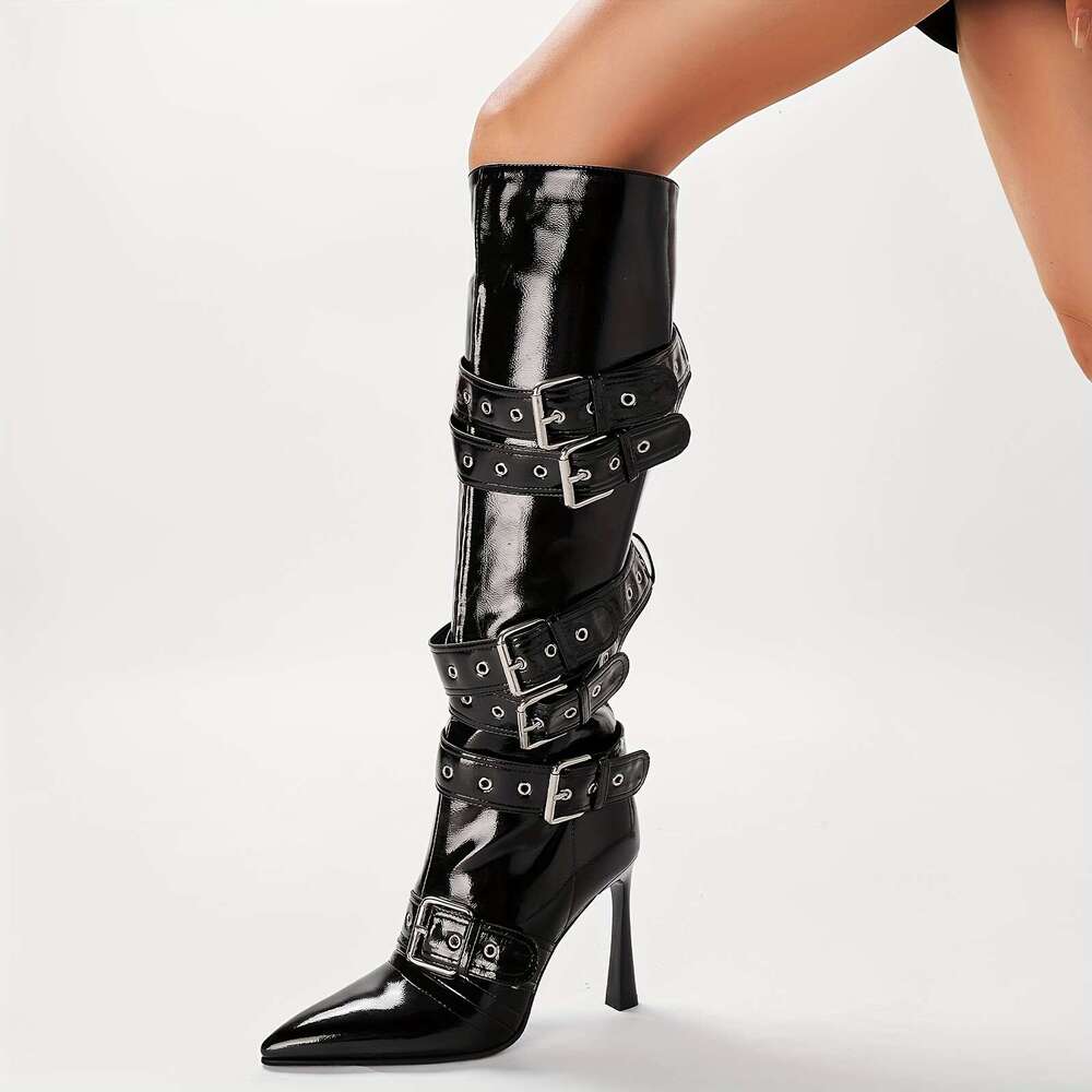 Elegant Women' Black Kitten Heel Knee-High Boot - Sexy Pointed Toe With Buckle Rivet, Fahionable Cover, Side Zipper, Perfect For Fall & Winter Ou