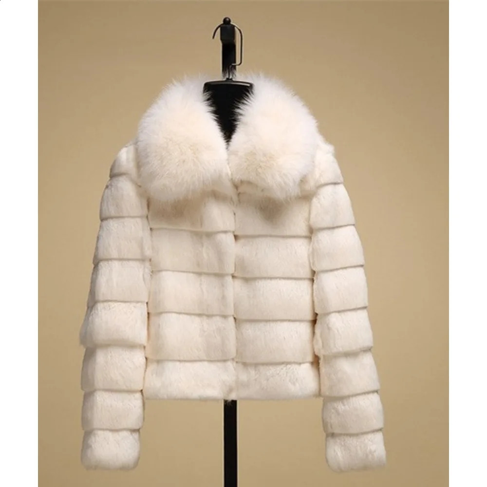 OFTBUY Rabbit Fur Coat with Fox Fur Collar Women Full Pelt Fox Fur Jacket Winter Rabbit Fur Waistcoat High Street 251027