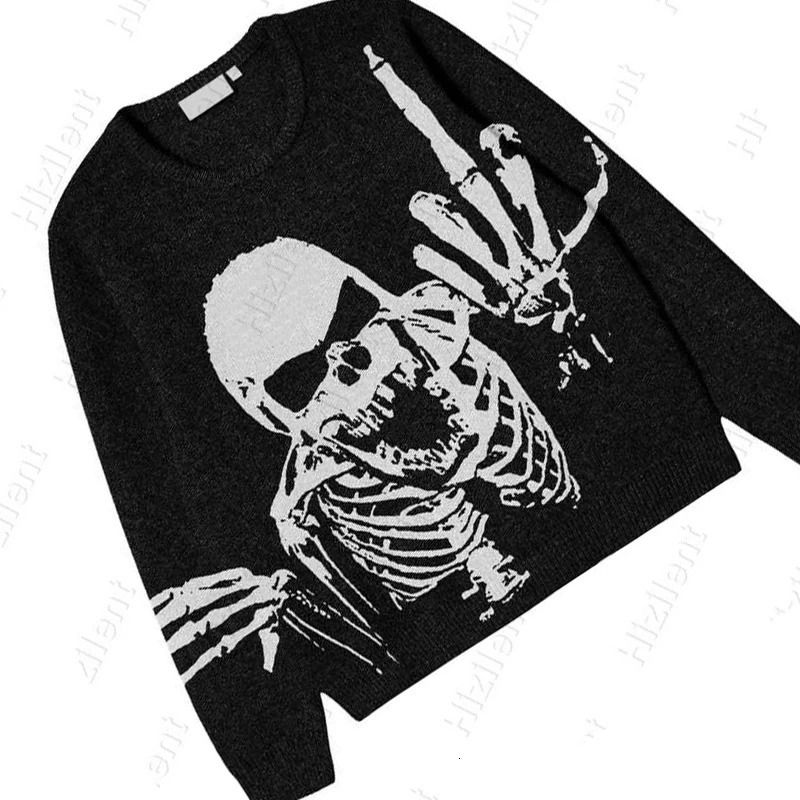 BIG PROMOTION Y2K European and American Autumn and Winter Mens Gothic Casual Black Loose Skeleton Print Vintage Knitted Sweater 251023