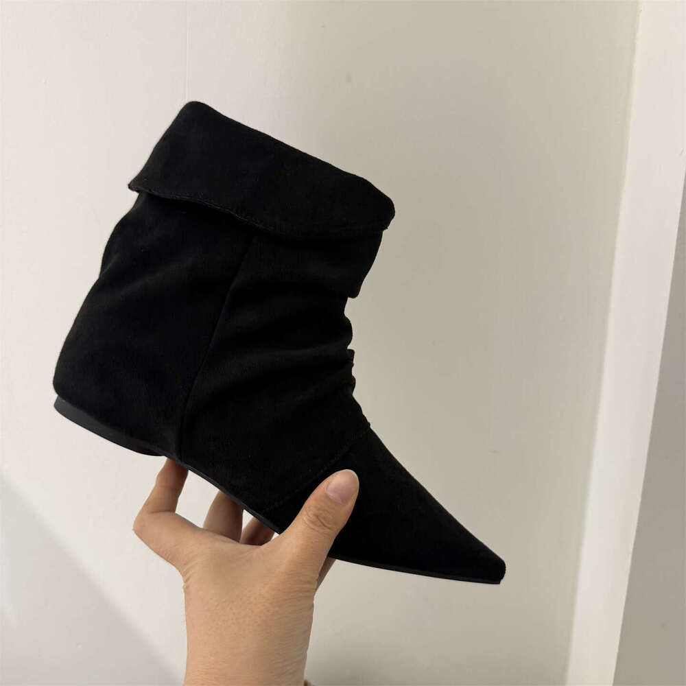 Women's 2025 Autumn Slim High-Heel Boots - Designer Khaki Slouchy Short Boots, Single Pointed Toe with Inner Height Increase