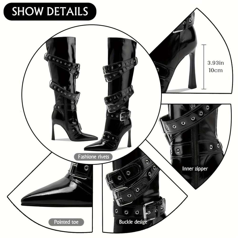 Elegant Women' Black Kitten Heel Knee-High Boot - Sexy Pointed Toe With Buckle Rivet, Fahionable Cover, Side Zipper, Perfect For Fall & Winter Ou