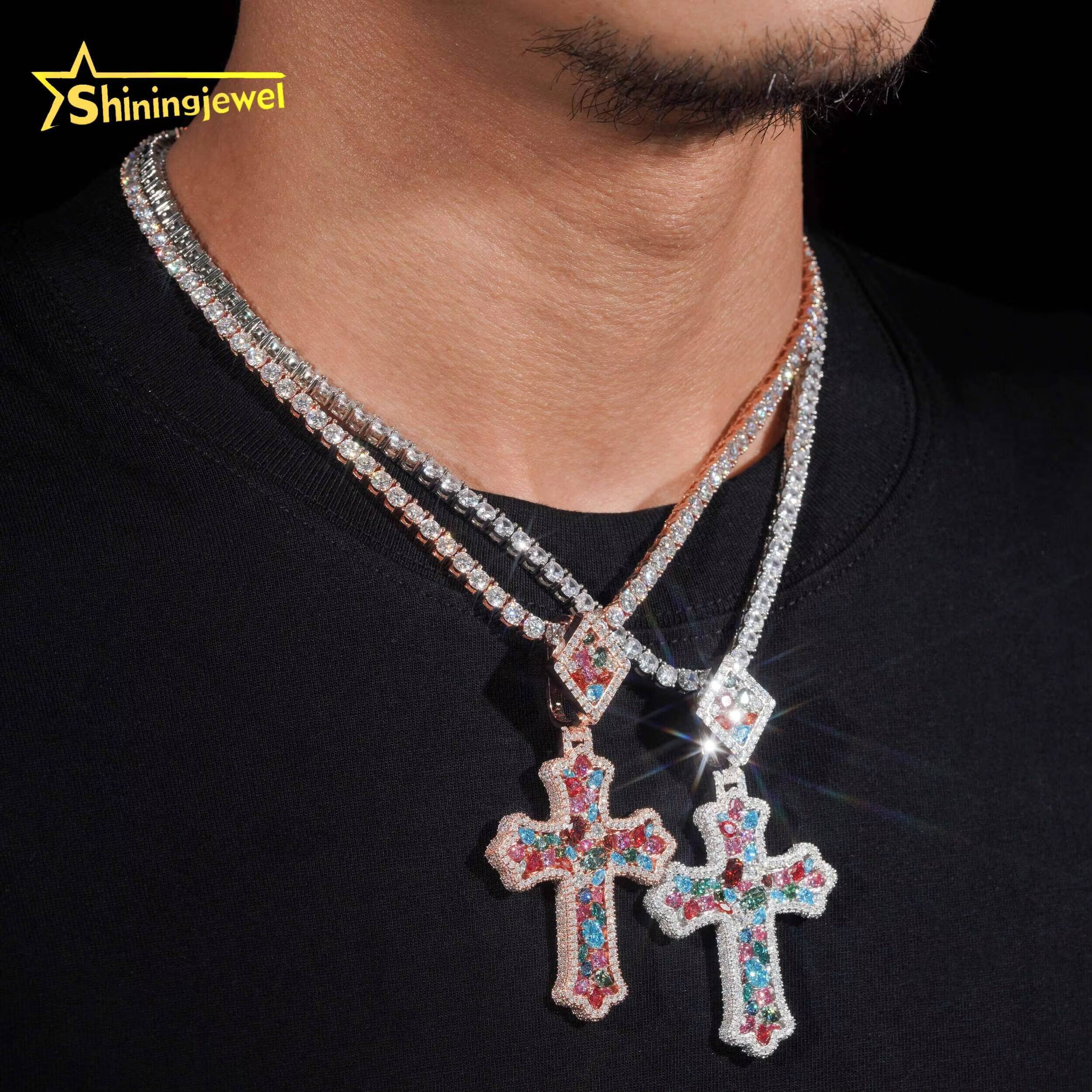 Luxury GRA Certificated Fancy Cut Colored Moissanite Cross Pendant 925 Silver Hip Hop Men Women Iced Out Mossanite Pendants