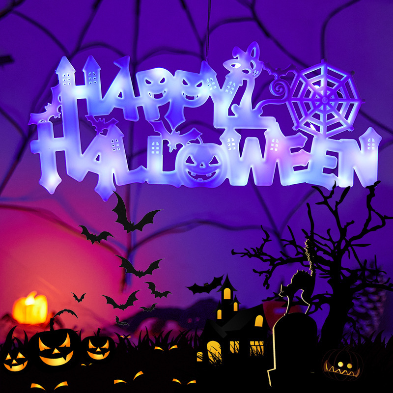 Halloween 'Happy Halloween' LED Lights - PVC Materials, Warm & Purple Tones, Flash/Steady Mode Options167---072002