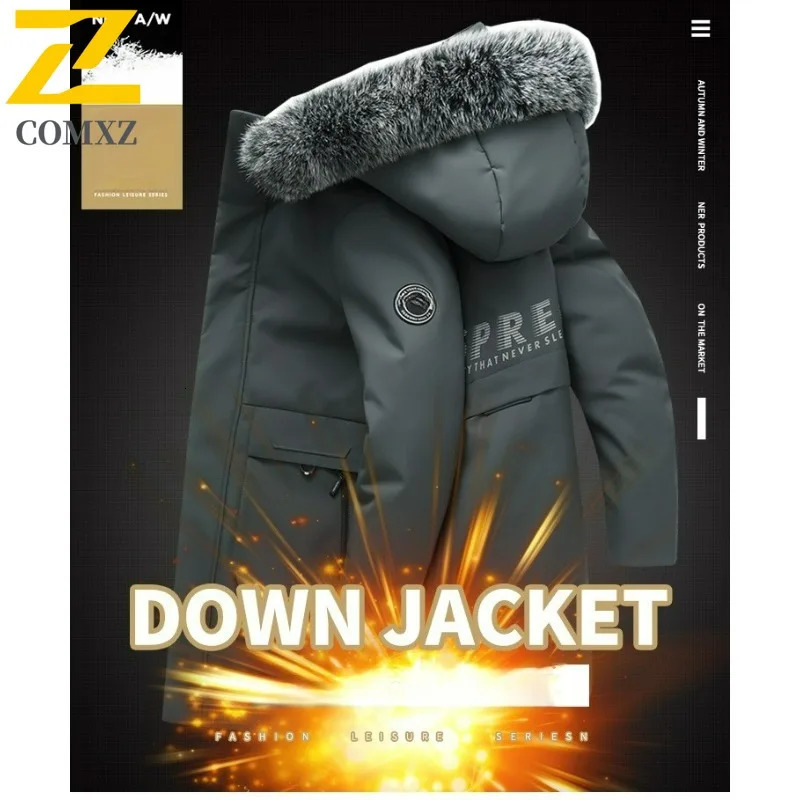 COMXZ Men Long Down Jacket Fur Collar Hooded Outdoor Office Thickened Warm Puffer Coat Casual Travel Lightweight Winter Jackets 251023
