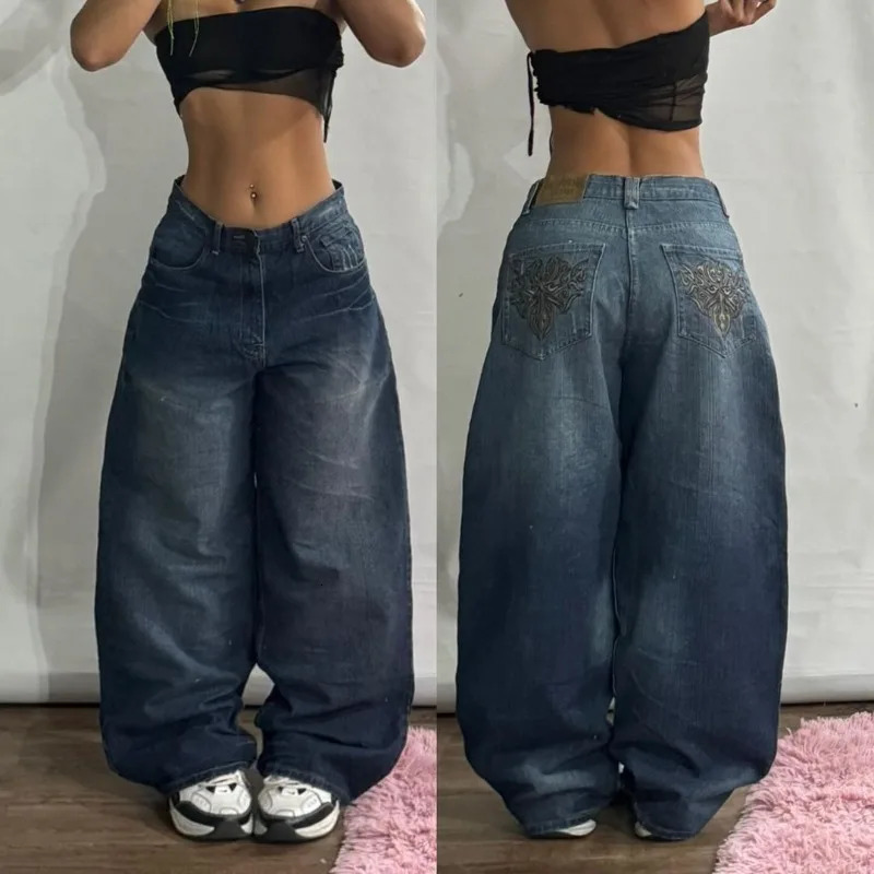 American Fashion Geometric Pattern Embroidered Baggy Jeans Women Y2K Harajuku Vintage Hiphop Casual Wideleg Pants 251027