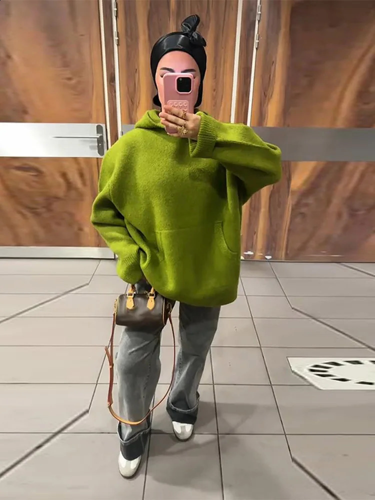 Soft Solid Knit Hooded Loose Sweater Slouchy Long Sleeve Drop Shoulder Pocketed 2025 Autumn Cozy Women Top Casual Lady Jumper 251027