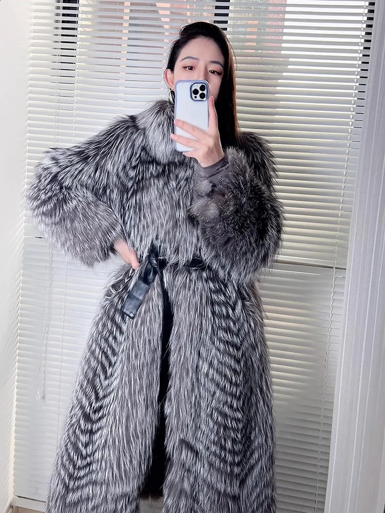Womens Genuine Sivler Fox Fur Coat Thick Warm Fur Jacket Winter coat 251027
