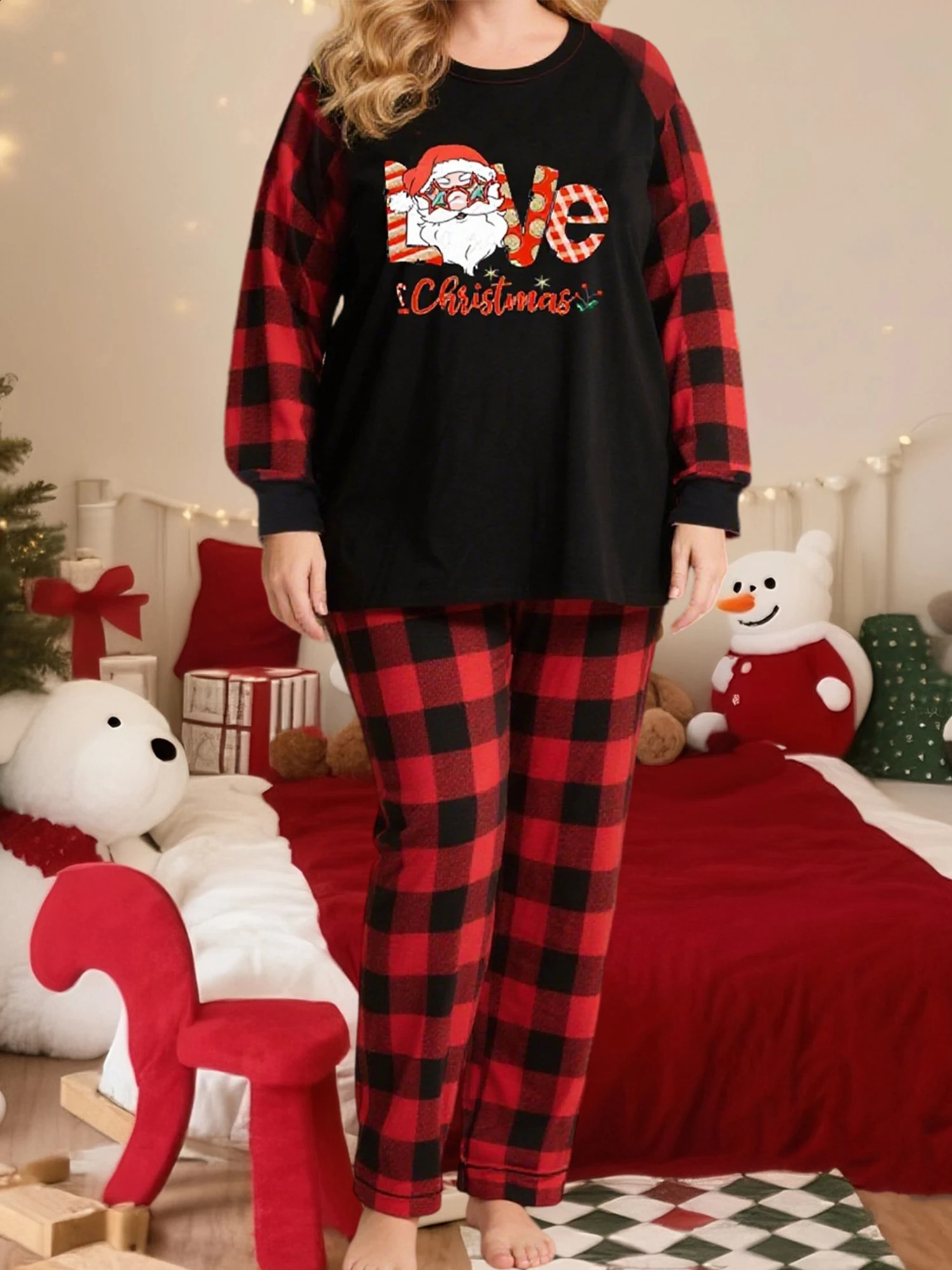 Women s Christmas Pajama Set Festive Long Sleeve Top with Reindeer Print and Matching Plaid Pants for Cozy Sleepwear 251020