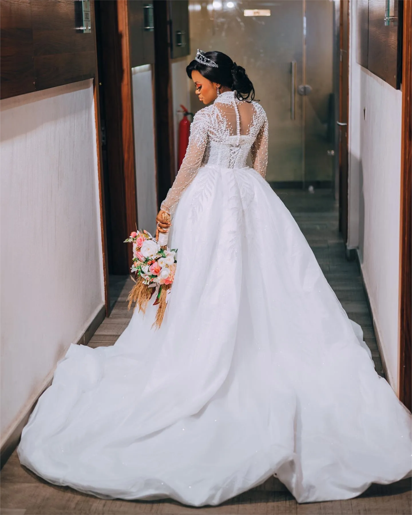 Arabic Aso Ebi Plus Size Mermaid Wedding Dress in Ivory with Lace Full Sleeves Pearls Crystals and Detachable Train