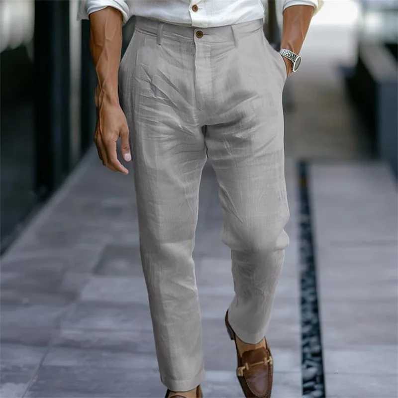 2025 Male Mens Casual Dress Linen Pants Solid White Gray Trouser Plus Size 3xl Mens Elegant Fashion Sweatpants Men Streetwear W251028