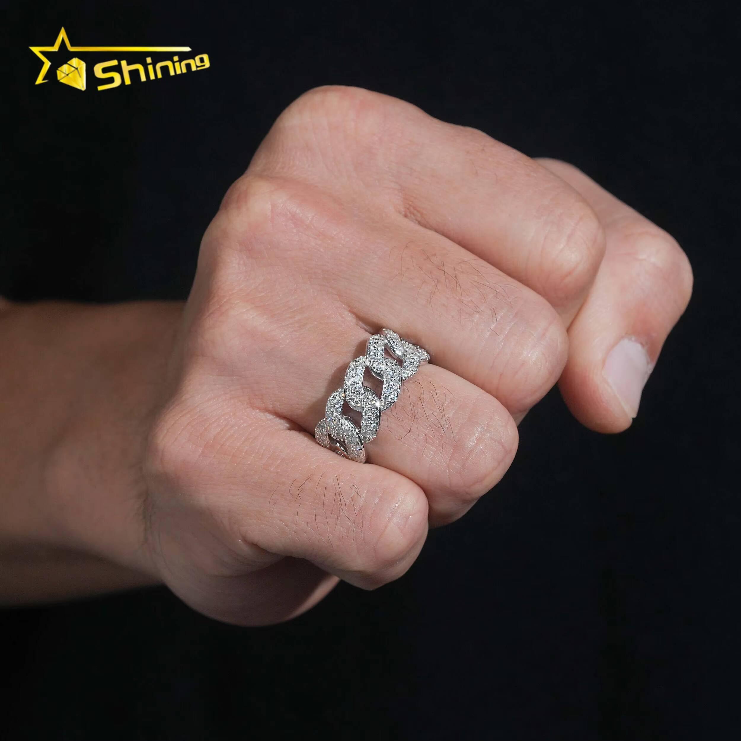 New Iced Out 925 Silver VVS Moissanite Cuban Link Ring Hip Hop Jewelry Custom Moissanite Engagement Ring for Men