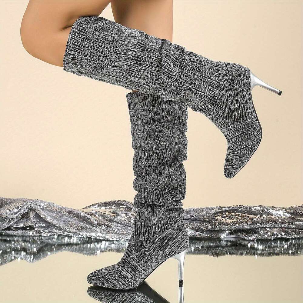 Women's Slip-On Pointed Toe Knee-High Boots - Faux Cover Upper, Soft Fabric Lining Rubber Sole, Black Solid Color For Casual & Ocns, High Heel Bo