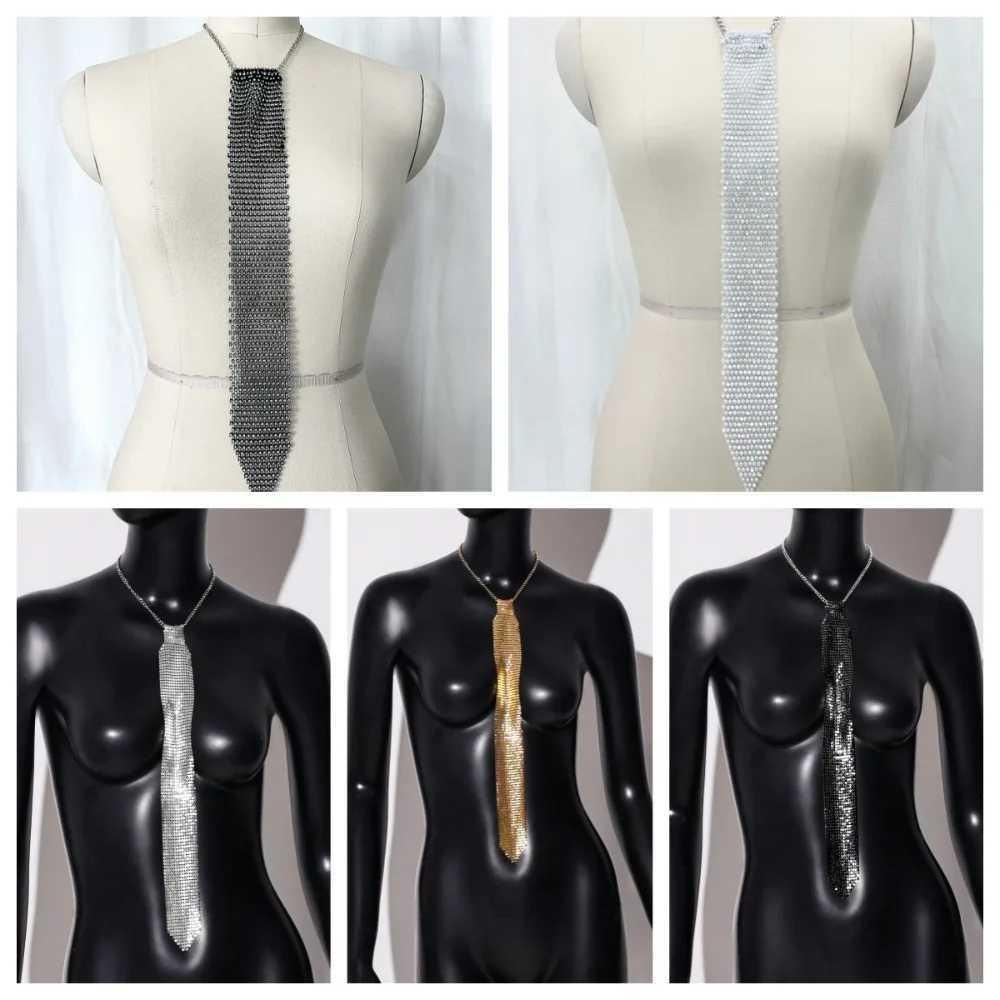 Shiny Narrow Crystal Rhinestone Neck Tie Soft Adjustable Metal Sequin Necktie Gold Necklace Glitter Cravat PartyW251028