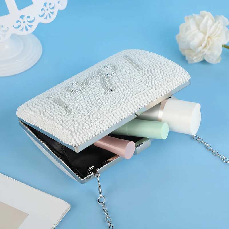 Elegant Letter Bridal Clutch Bag White Beaded Evening Party Square Bag with HighEnd Metal Chain for Women H251027