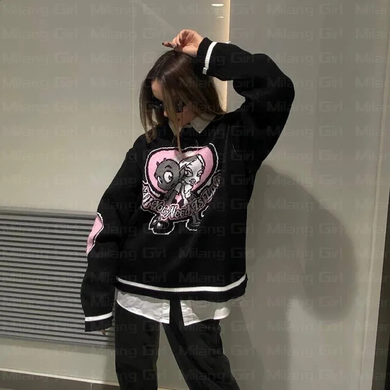 Oversize Sweater Women Y2k letter graphics Tops Long Sleeve Jumper Knitted Autumn Korean Goth Grunge Harajuku Pullover Clothing 251027
