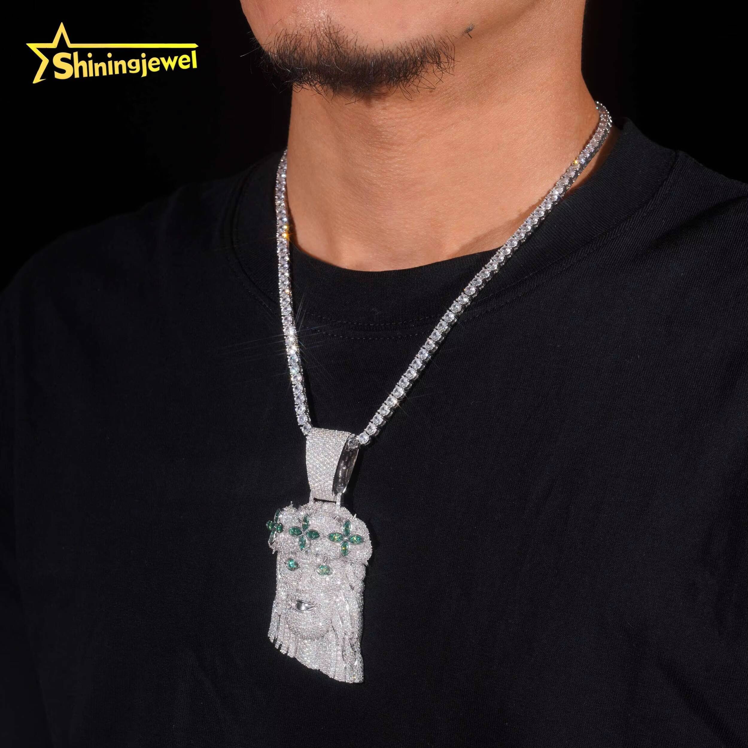 Iced Out Jewelry Custom Blue Green Hip Hop 925 Silver Pendants Men Moissanite Jesus Piece Pendant