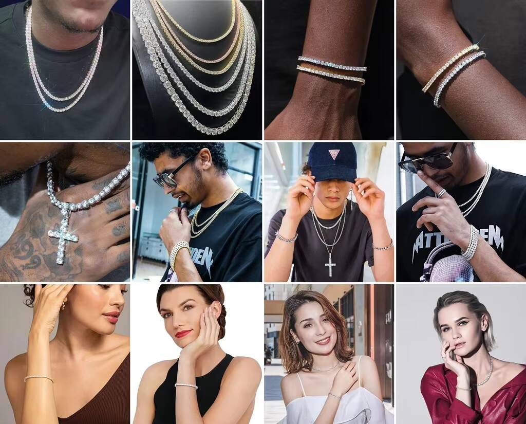 Custom Iced Out White Gold Color Plated 925 Sterling Sliver Mossinate Vvs Tennis Link Chain Mens Necklace Montre Femme Bracelet